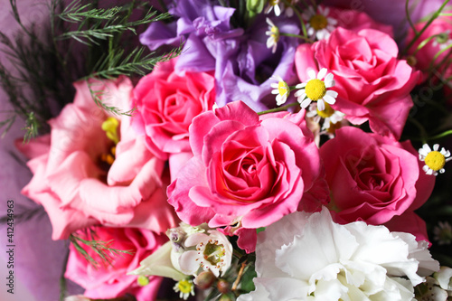 Beautiful luxury spring bouquet of mixed flowers. The work of the florist. Romantic concept. Close up. Spring banner. Easter and spring greeting card. Woman day concept. Copyspace for text. © Ekaterina  Siubarova