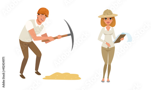 Archaeologist Scientist Characters Working on Excavations, Archeology and Paleontology Science Concept Cartoon Vector Illustration