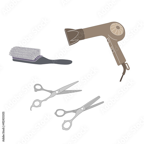 Illustration set of hair dryer, hairbrush, cut scissors (white background, vector, cut out, color)