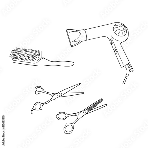 Illustration set of hair dryer, hairbrush, cut scissors (white background, vector, crop, line art)