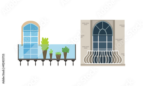 Classic Balcony Windows Colllection, House Facade Design Elements Vector Illustration