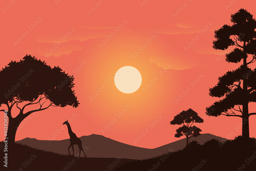 Vector illustration of grassland scenery at sunset in Africa