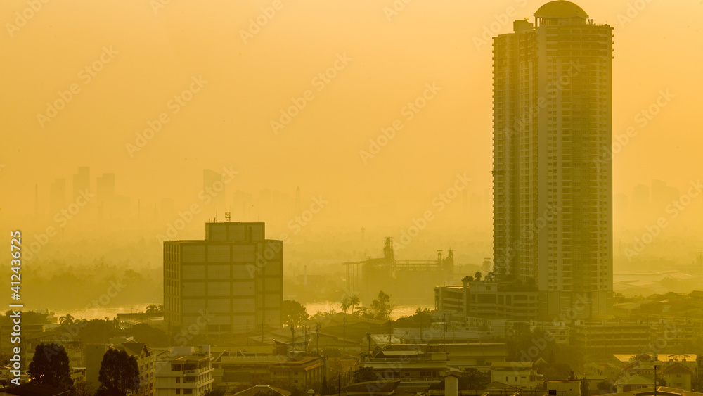 Fototapeta premium Aerial view of Bangkok modern office buildings, condominium in Bangkok city downtown with sunset sky , Bangkok , Thailand