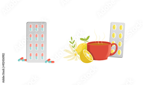 Herbal Tea, Lemon, Chamomile and Pills for Cold Remedy, Healthcare Medications Cartoon Vector Illustration
