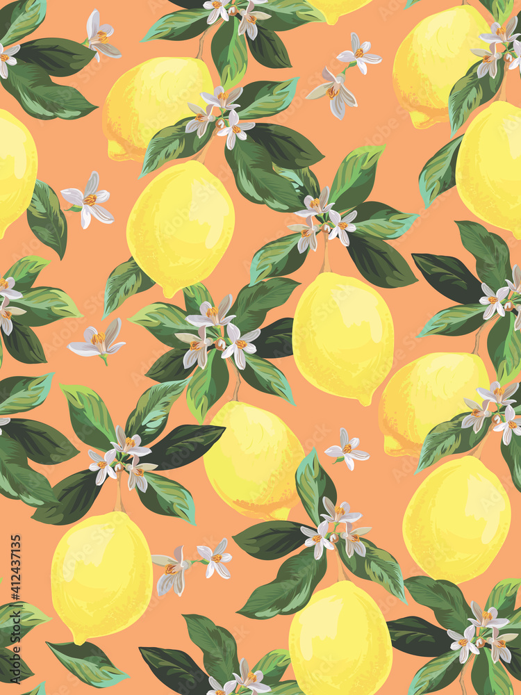 Lemon citrus vector pattern. Botanical vector illustration. Summer background. Floral design. Lemon citrus vector pattern. Botanical vector illustration. Summer background. Floral design.