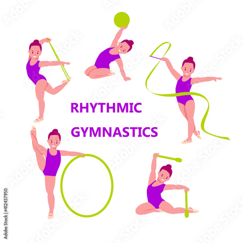 Set of vector illustrations of rhythmic gymnastics. Little girls with gymnastics equipment. Flat cartoon style. Isolated on a white background.