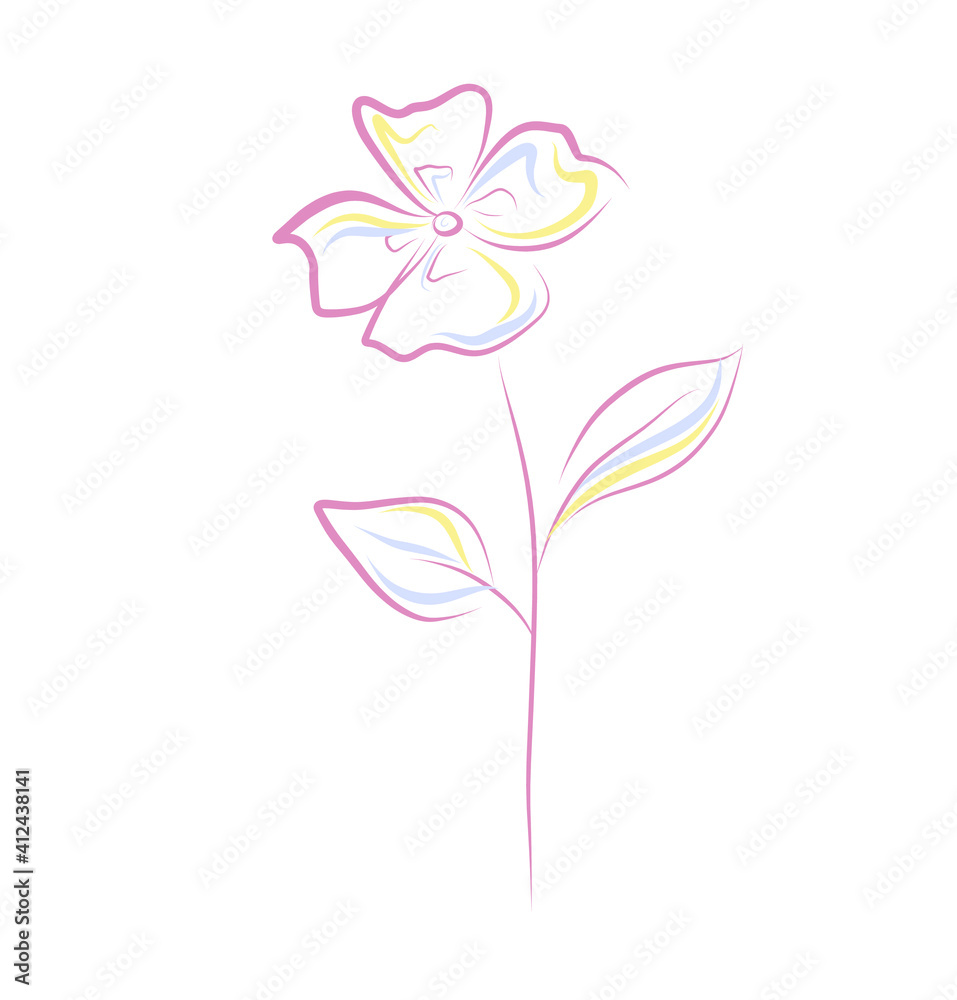 Vector abstract line art flower clip art isolated on white background. Pink, yellow and light blue floral outline illustration. Botanical design element.