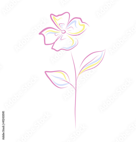 Vector abstract line art flower clip art isolated on white background. Pink, yellow and light blue floral outline illustration. Botanical design element.