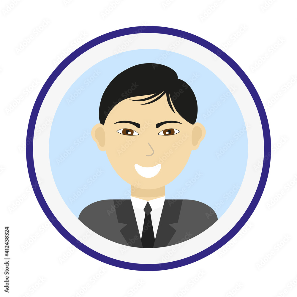 Male face. Man avatar. Handsome Asian man portrait on blue background. Smiling guy face. Isolated flat vector illustration. Male face. Man avatar. Handsome Asian man portrait on blue background. Smiling guy face. Isolated flat vector illustration.