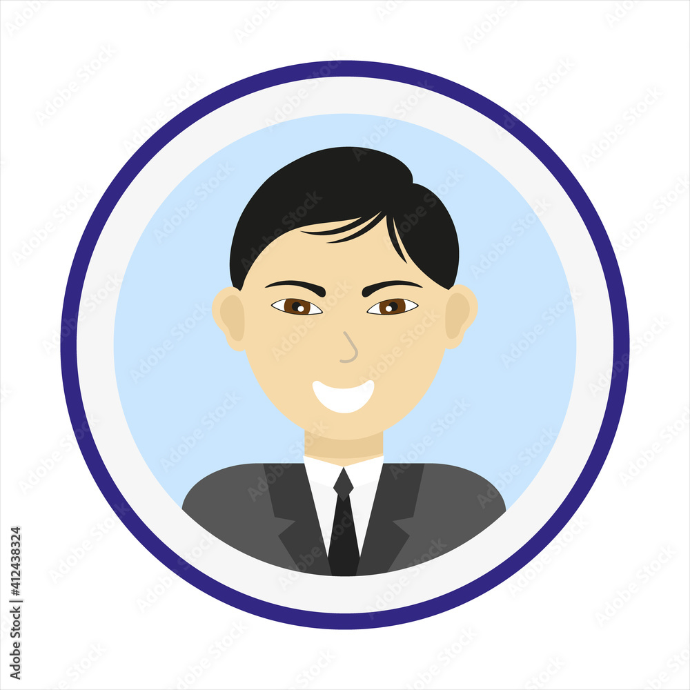 Male face. Man avatar. Handsome Asian man portrait on blue background. Smiling guy face. Isolated flat vector illustration.