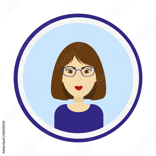 Female avatar. Cute woman’s portrait on blue background. Girl’s face with medium length brown hair, brown eyes and glasses. Isolated vector illustration.