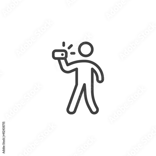 Man taking selfie photo line icon. linear style sign for mobile concept and web design. Man with phone outline vector icon. Symbol, logo illustration. Vector graphics