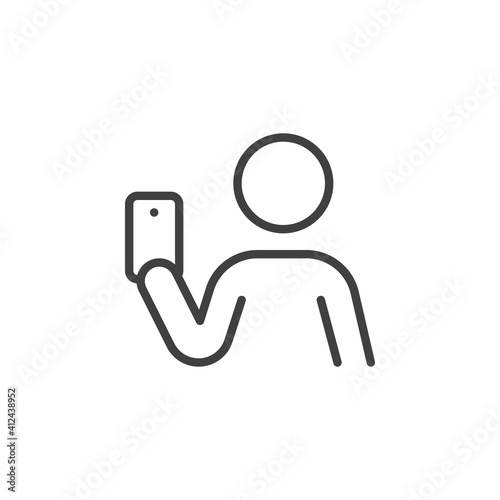 Man taking selfie with phone line icon. linear style sign for mobile concept and web design. Person holding smartphone outline vector icon. Symbol, logo illustration. Vector graphics