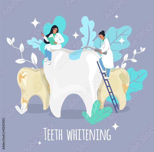 Tiny female doctor dentist cartoon character whitening big tooth, flat vector illustration. Professional teeth whitening procedure. Dental health, oral care.