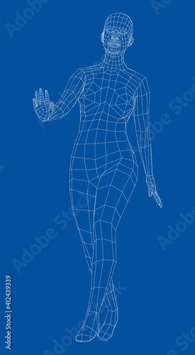 Wireframe walking woman. Vector