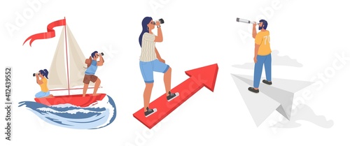 People looking through telescope floating on boat, flying on paper plane, standing on rising arrow, flat vector illustration. To look forward, view to the future, search of new opportunities and ideas