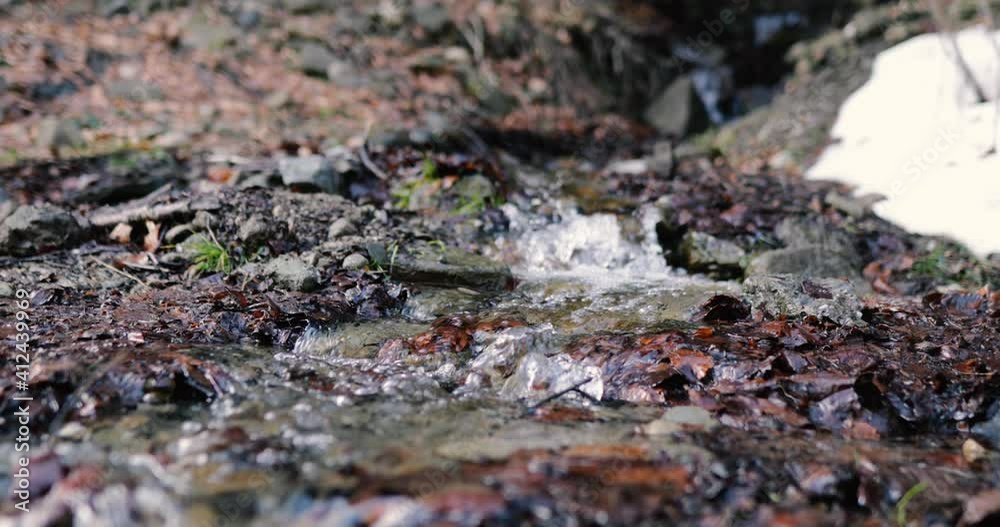 Details with the clear water of a running mountain stream during a cold and sunny winter day in the Romanian Carpathian Mountains. Details with the clear water of a running mountain stream during a cold and sunny winter day in the Romanian Carpathian Mountains.