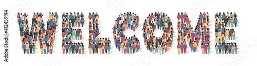 Welcome typography banner. Large group of people standing together in the shape of Welcome word, flat vector illustration. People crowd gathering. New team member greeting concept.