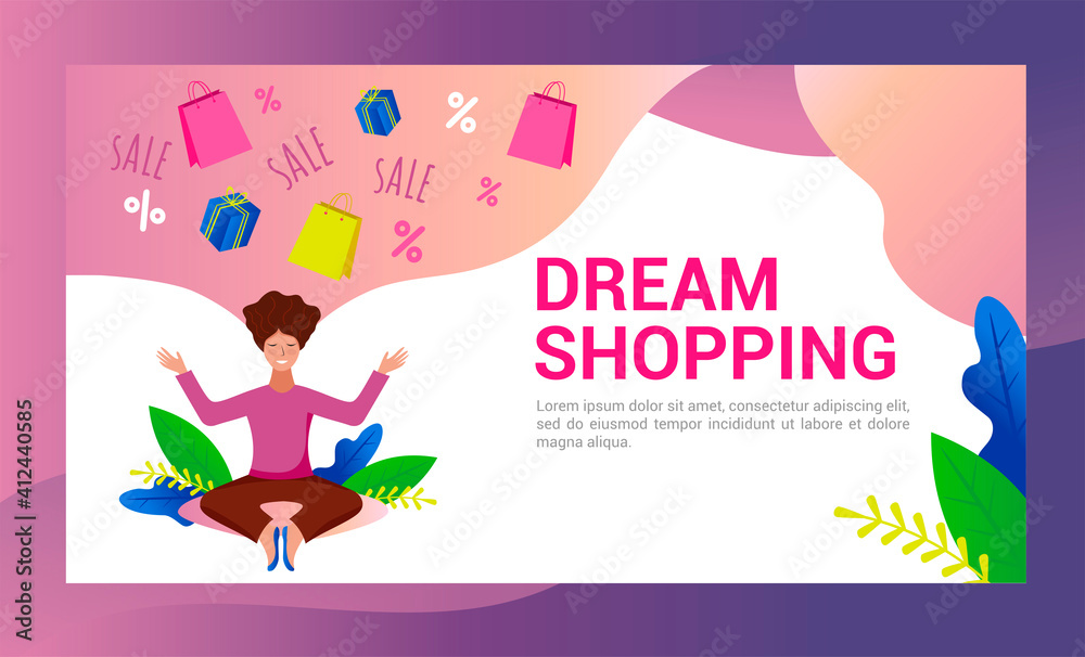 Dream Shopping. Vector illustration in cartoon style - a happy woman sitting and meditating. Thoughts about sales and purchases. Multi-color banner on the theme of the spring sale in store.