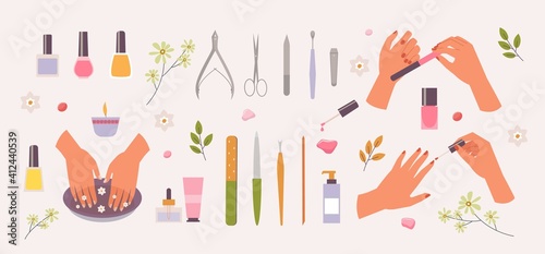 Manicure in spa salon set. Healing bath for hand skin red nail polish finger nail file and scissors glamorous cosmetics art with tweezers and colored bottles of coloring liquid. Vector cartoon.