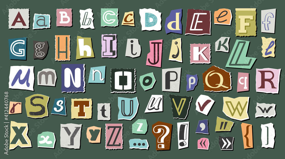 Journal cut letters and symbols set. Colorful alphabet selected from