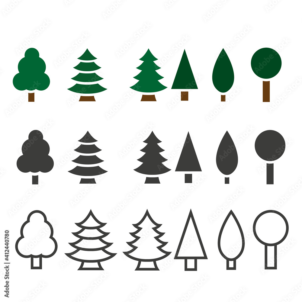Obraz premium Vector set of cartoon Christmas trees, pines for greeting card, invitation,banner, web. New Years and xmas traditional symbol tree with garlands, light bulb, star. Winter holiday. Icons collection.