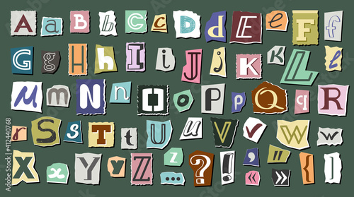 Journal cut letters and symbols set. Colorful alphabet selected from newspaper clippings with capital letters anonymous art typing from scrap letters. Vector typographic communication.