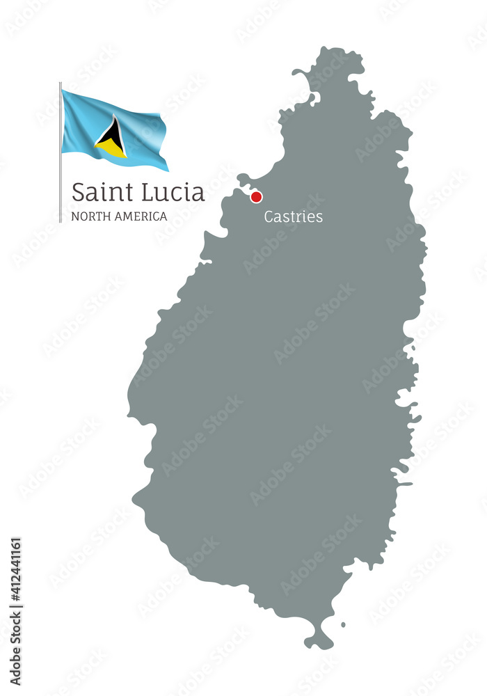 Silhouette of Saint Lucia country map. Gray editable map with waving national flag and Castries city capital, North America country territory borders vector illustration on white background