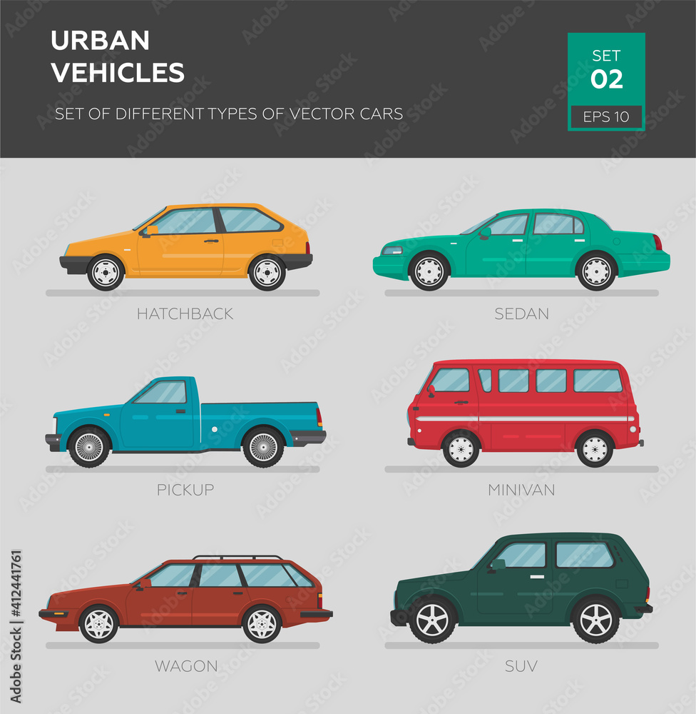 Urban vehicles. Set of different types of vector cars: sedan, hatchback, minivan, pickup, suv, vagon. Cartoon flat illustration, auto for graphic and web design.
