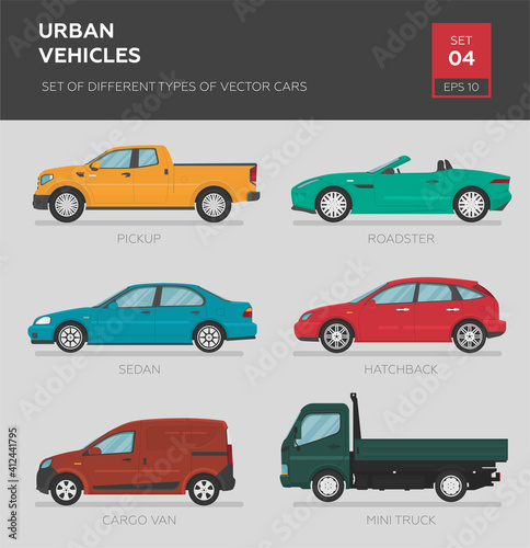 Urban vehicles. Set of different types of vector cars: sedan, hatchback, cargo van, pickup, roadster, mini truck. Cartoon flat illustration, auto for graphic and web design.