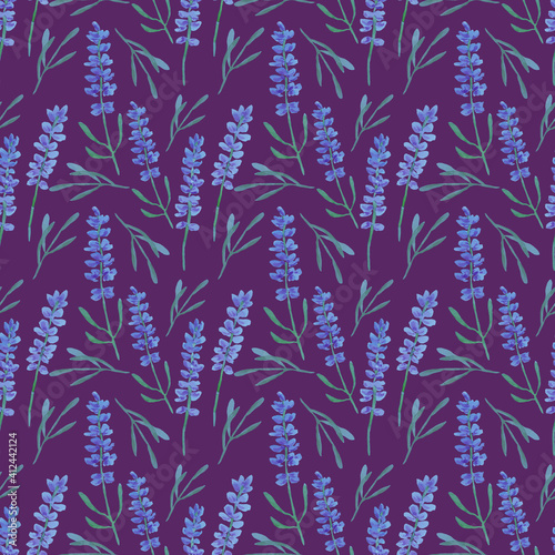Seamless floral pattern with lavender on a purple background. The illustration is executed in watercolor. Can be used for fabric, wrapping paper, wallpaper, scrapbooking, covers, postcards.