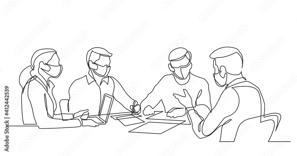 continuous line drawing of office workers at business meeting wearing face masks - obrazy, fototapety, plakaty 