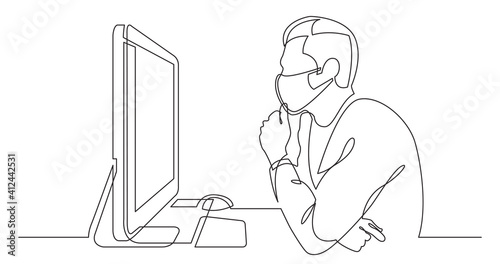 continuous line drawing of office worker concentrated behind computer wearing face mask