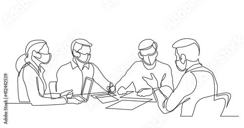 continuous line drawing of office workers at business meeting wearing face masks