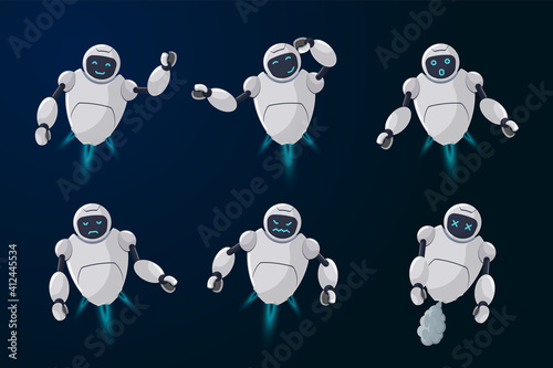 Cute friendly robot character different emotion set. Futuristic chatbot mascot various activity poses. Online bot greets, smile, sad, evil, surprised, think and broken. Futuristic cartoon illustration