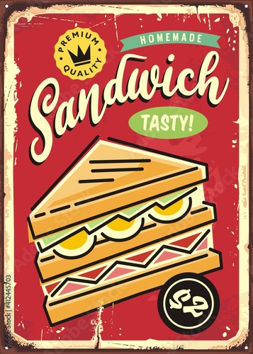 Home made sandwich retro commercial sign advertisement on old red metal background with tasty triple sandwich and rusty texture. Vintage vector illustration for fast food restaurant. Snacks graphic.