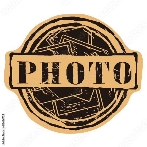 Vector icon with old photo round shabby emblem design in grunge style. Lots of photo stamp round seal imitation. Photo silhouette logo on craft paper background. Grunge classic icon