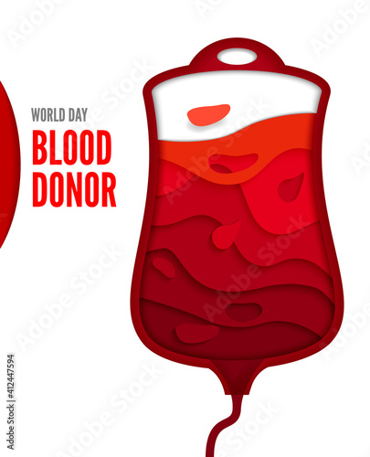 World donor day posters or invitations. Medical design with a blood container. Vector illustration, paper cut style. Place for text. Blood Donation.