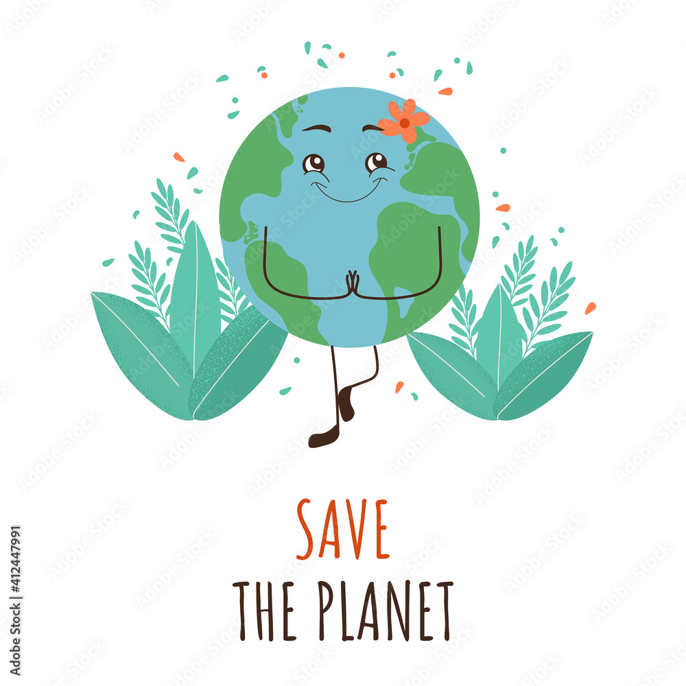 Cute Planet Earth in tranquility. Vector eco illustration for banner or postcard on the theme of saving the planet. Cute Planet Earth in tranquility. Vector eco illustration for banner or postcard on the theme of saving the planet.