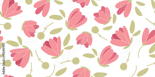 Seamless hand-drawn patterns of pink magnolia on a branch. Background  wallpaper. Purple cartoon plant. Color vector illustration of an Asian flower. For textile prints or wrapping paper.