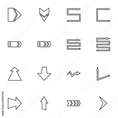 Arrows line icons set, outline vector symbol collection, linear style pictogram pack. Signs, logo illustration. Set includes icons as curved arrow, right and left direction pointer, up down