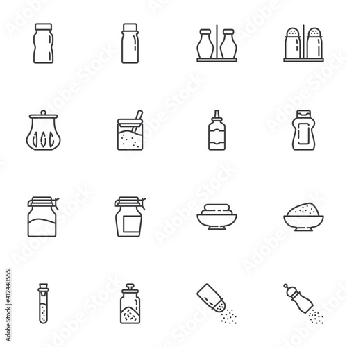Condiment sauce bottles line icons set, outline vector symbol collection, linear style pictogram pack. Signs, logo illustration. Set includes icons as ketchup, mustard, salt and pepper shaker, flour