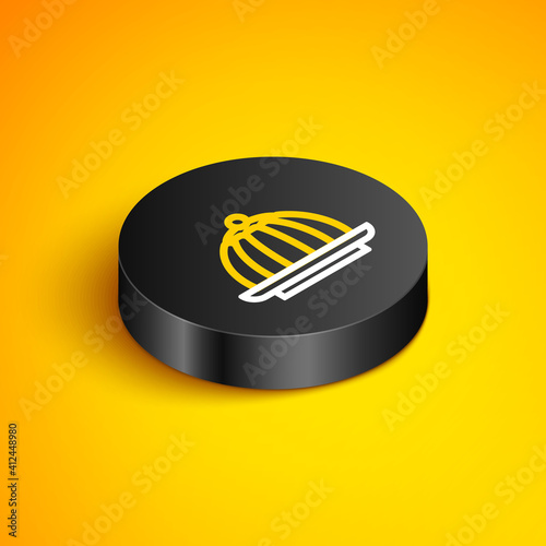 Isometric line Pudding custard with caramel glaze icon isolated on yellow background. Black circle button. Vector.