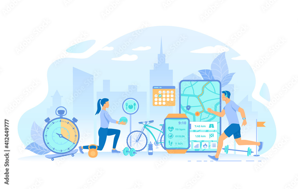 Man and woman doing sports exercises. Smart Workout, Training, Fitness, Running. Fitness tracker app graphic user interface for smart watch and phone. Vector illustration flat style.
