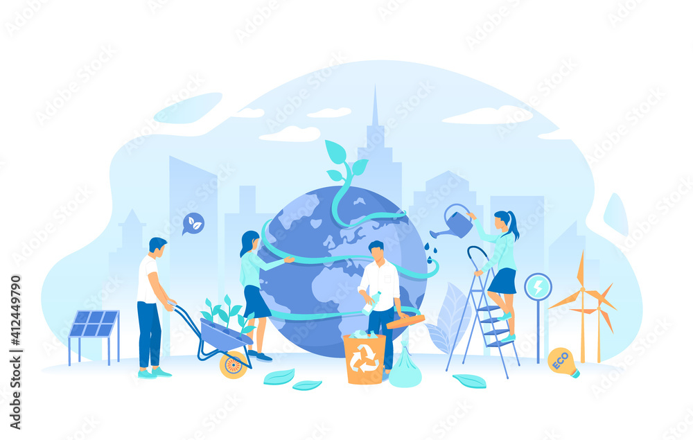 People take care about planet ecology - watering, gathering garbage, planting. Ecology, Green Eco City planet, Eco-friendly ideas. Bio technology. Vector illustration flat style.