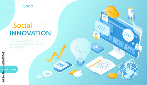 Social Innovation, Сommunication, Strategy, Technology, Innovative Approaches. Sharing ideas, experiences and knowledge. Isometric vector illustration for website.