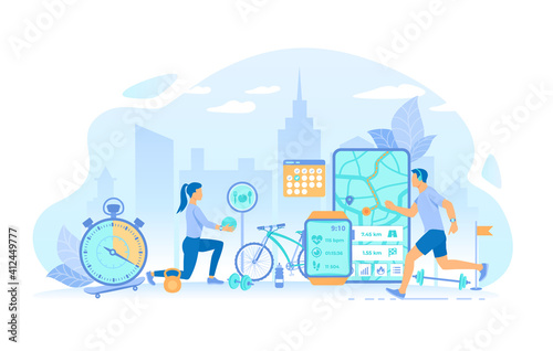 Man and woman doing sports exercises. Smart Workout, Training, Fitness, Running. Fitness tracker app graphic user interface for smart watch and phone. Vector illustration flat style.
