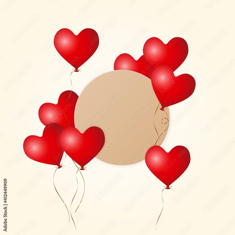 3d matt red flying heart balloons with golden ribbon and brown kraft paper border label, stock vector illustration layout, design element for banner, poster, card design