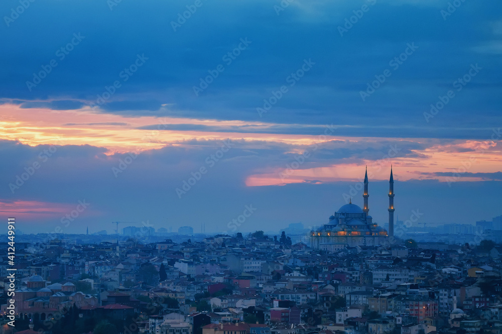 Fatih Camii or Conqueror's Mosque and panoramic view on Istanbul, Turkey.