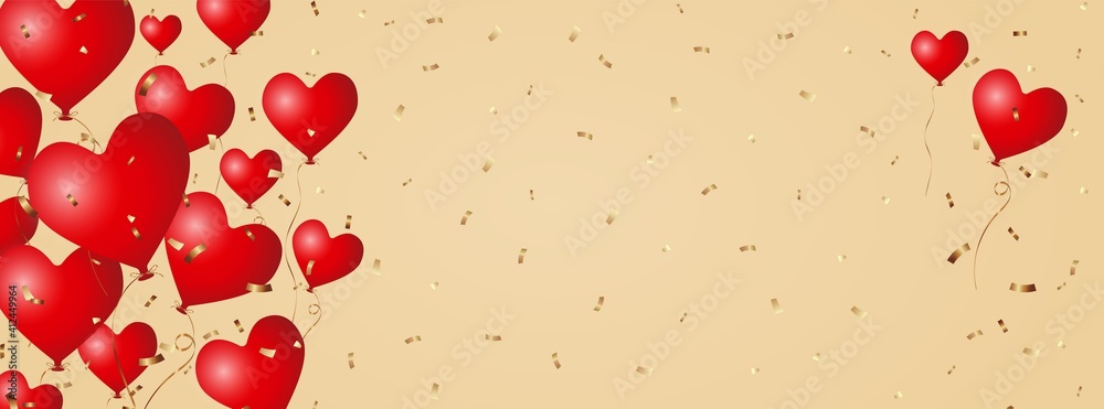 realistic 3d matt red flying heart balloons with golden ribbon and ...